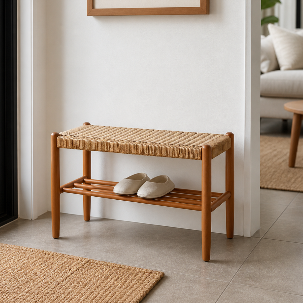 Banca Japonesa Elegante - Diseño de Cuero de Vaca Trenzado y Madera de Cereza para el Vestíbulo