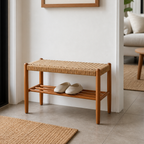 Banca Japonesa Elegante - Diseño de Cuero de Vaca Trenzado y Madera de Cereza para el Vestíbulo