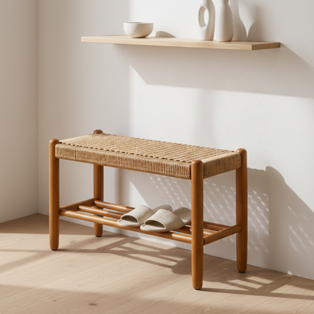 Banca Japonesa Elegante - Diseño de Cuero de Vaca Trenzado y Madera de Cereza para el Vestíbulo