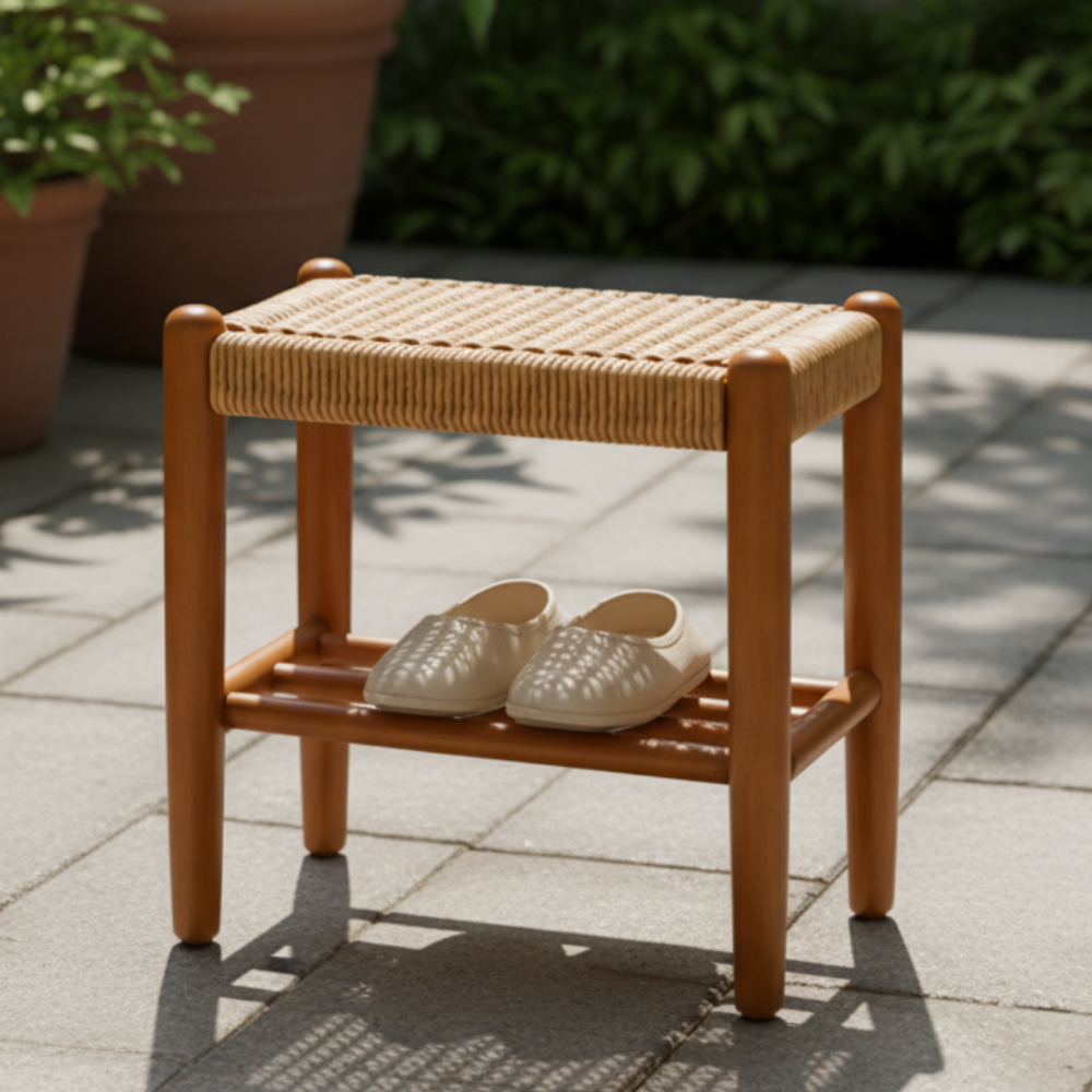 Banca Japonesa Elegante - Diseño de Cuero de Vaca Trenzado y Madera de Cereza para el Vestíbulo
