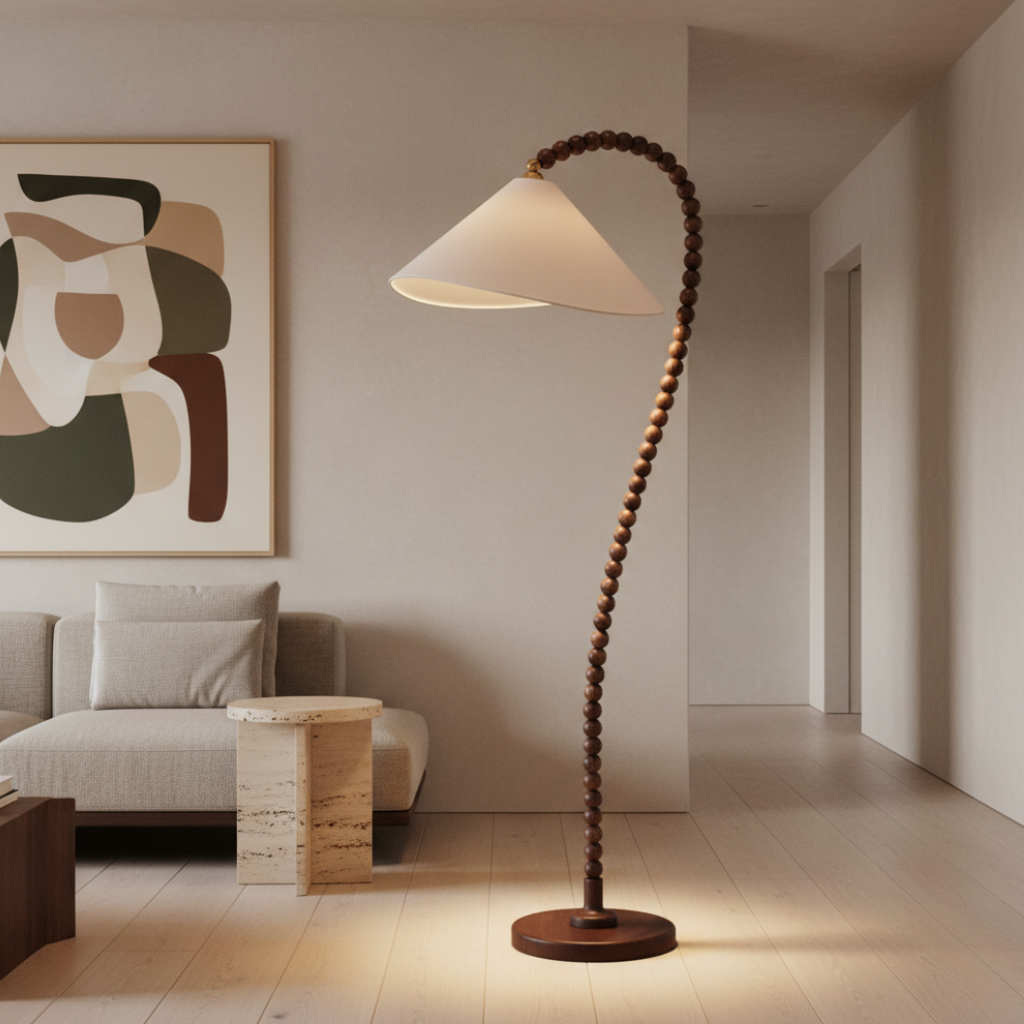 Lámpara de Pie Escultórica de Perlas de Madera – Lámpara de Pie Moderna para Espacios Habitables