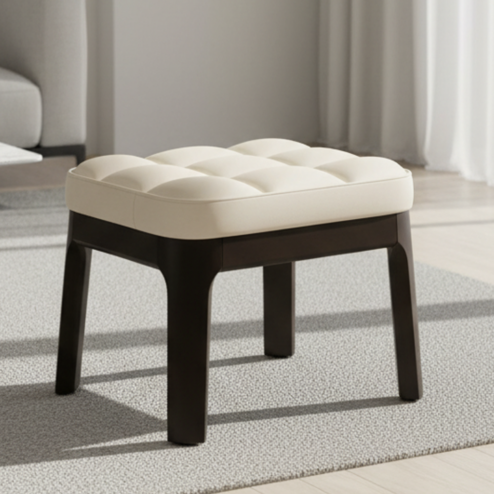 Taburete Bajo Moderno Minimalista - Tapizado en Cuero PU y Estructura de Madera Sólida