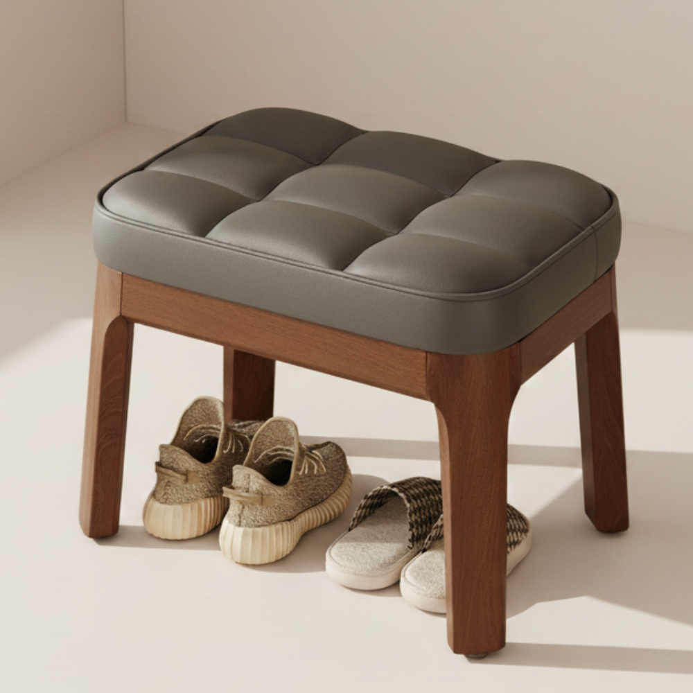 Taburete Bajo Moderno Minimalista - Tapizado en Cuero PU y Estructura de Madera Sólida