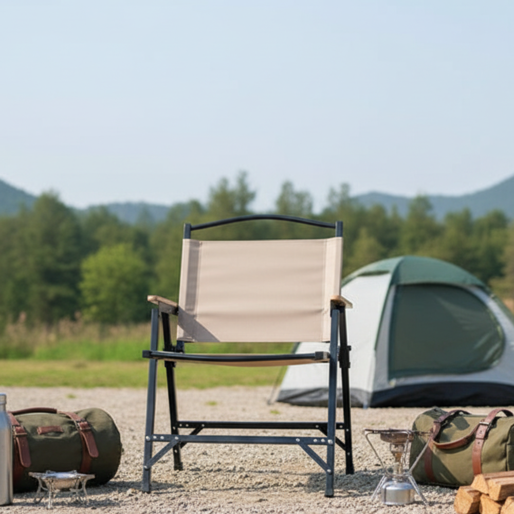 Silla de Camping Plegable Minimalista en Caqui con Apoyabrazos
