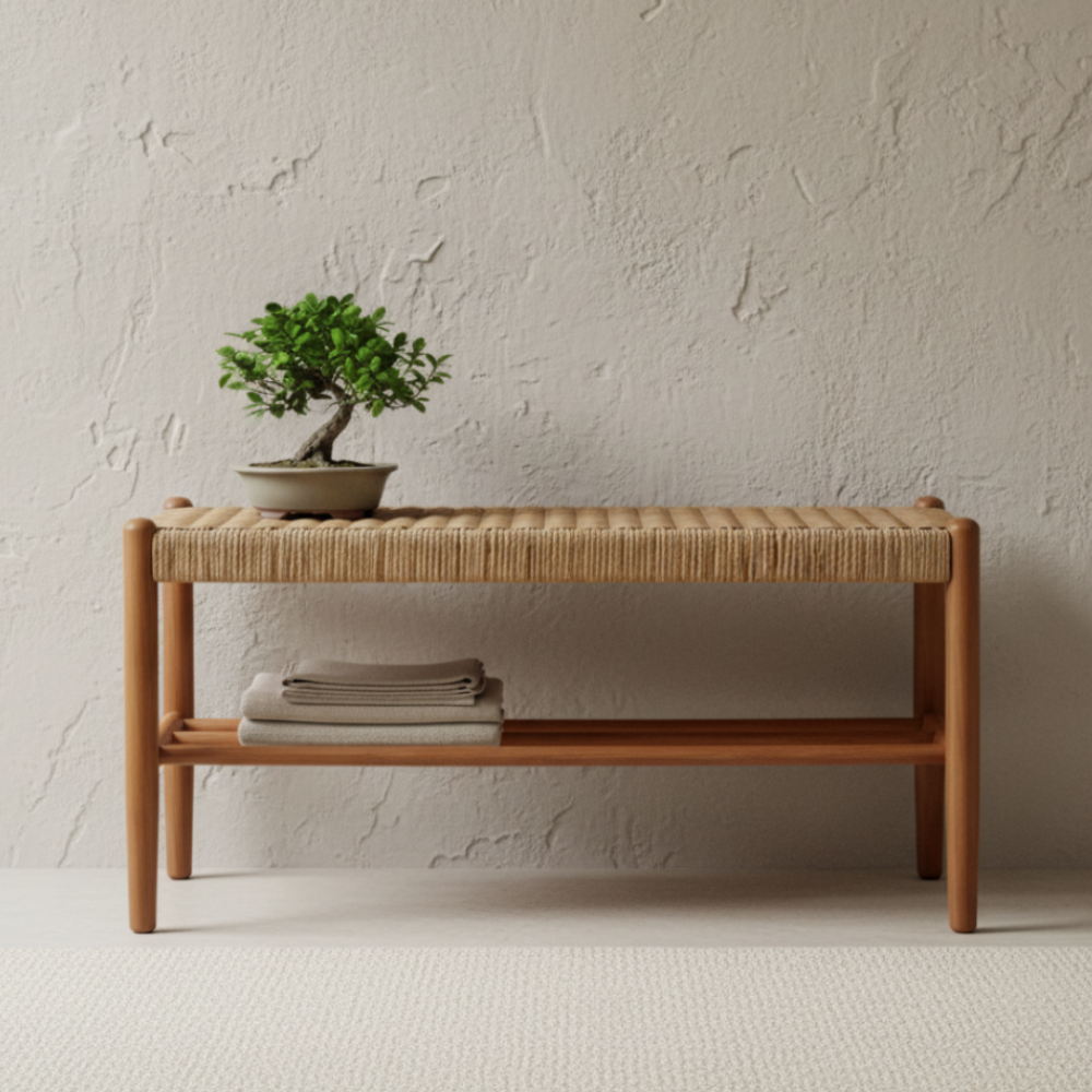 Banca Japonesa Elegante - Diseño de Cuero de Vaca Trenzado y Madera de Cereza para el Vestíbulo