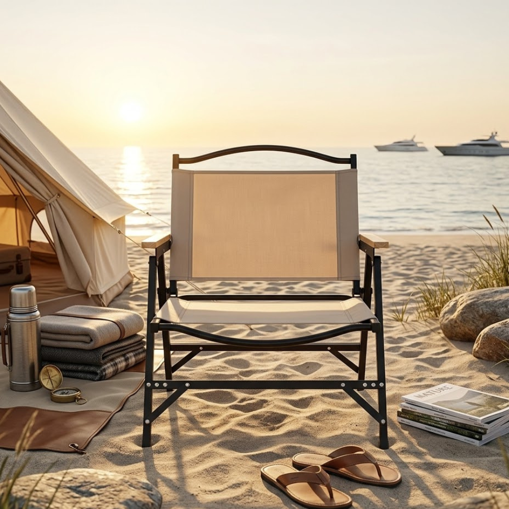 Silla de Camping Plegable Minimalista en Caqui con Apoyabrazos