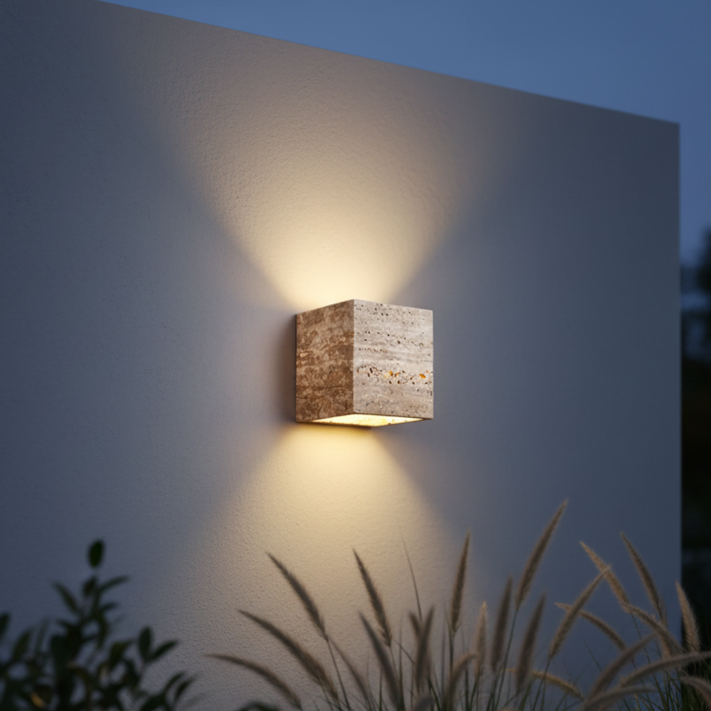 Lámpara de Pared Exterior Elegante Wabi Sabi | Lámpara de Pared de Piedra Travertina Impermeable para Jardín o Patio