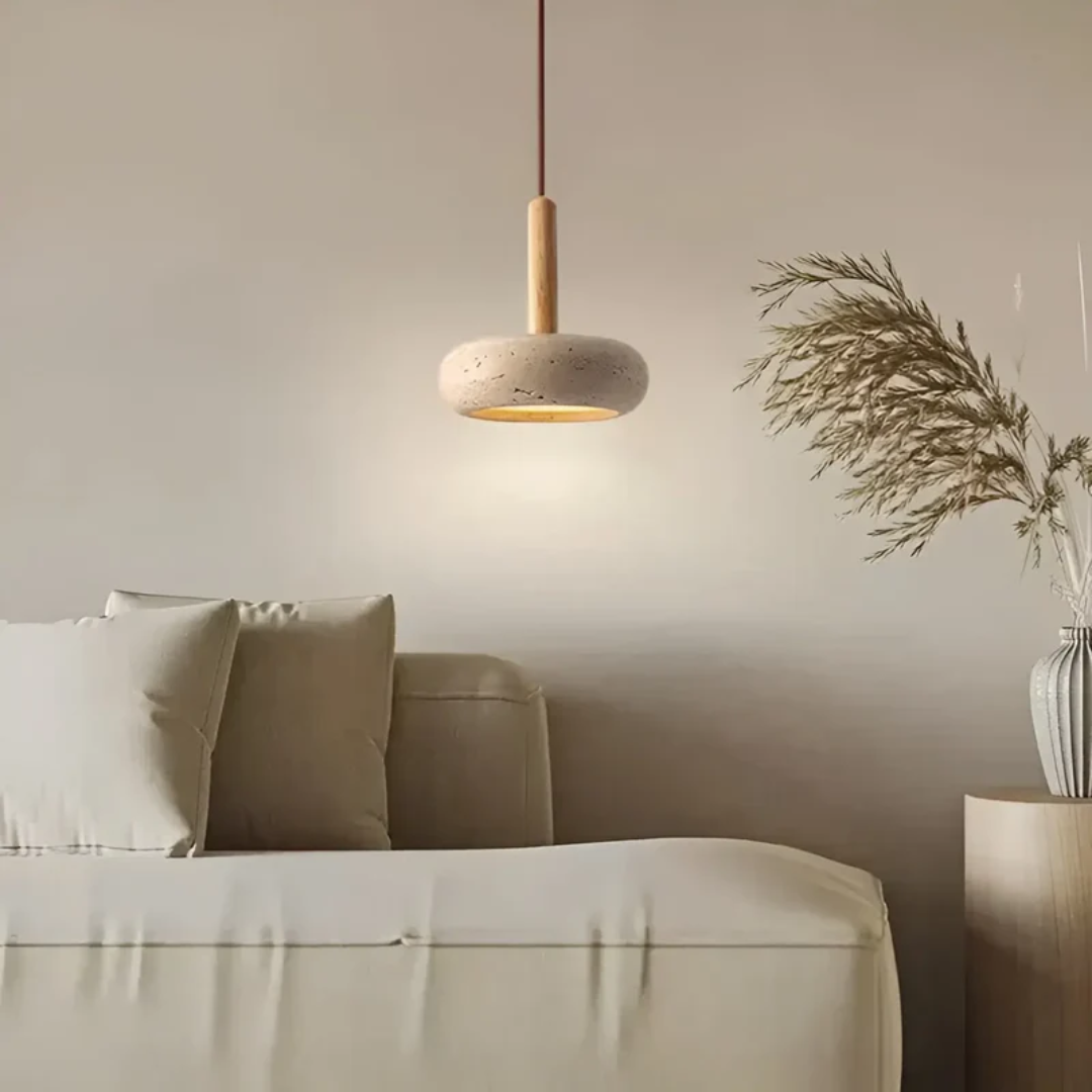 Lámpara Retro Japonesa LED | TranquilHalo | Altura de Suspensión Ajustable | Piedra de Cueva Amarilla & Madera | Ø 15cm Colgante | Max 2m Cable | Montaje Sencillo | Diseño Relajante