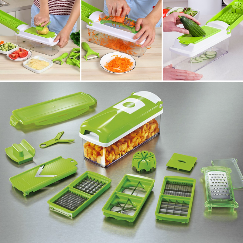 CutMate Cortador de Verduras Multifuncional 12 en 1 | Con Recipiente y Protección para los Dedos | Cuchillas de Acero Inoxidable | Compacto y Seguro
