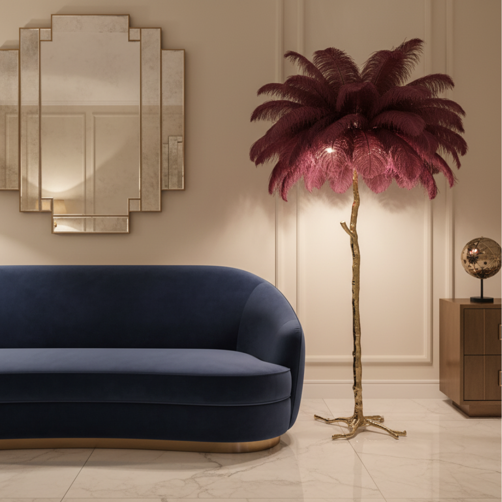 Lámpara de Pie con Pantalla de Plumas Elegante - Lámpara de Trípode Moderna para Sala de Estar