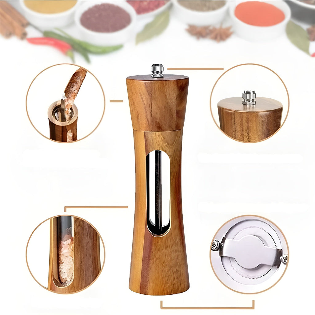 Juego de Molinillos de Sal y Pimienta SpiceCraft Manual – Diseño de Madera con Ventana Acrílica y Niveles de Molienda Ajustables