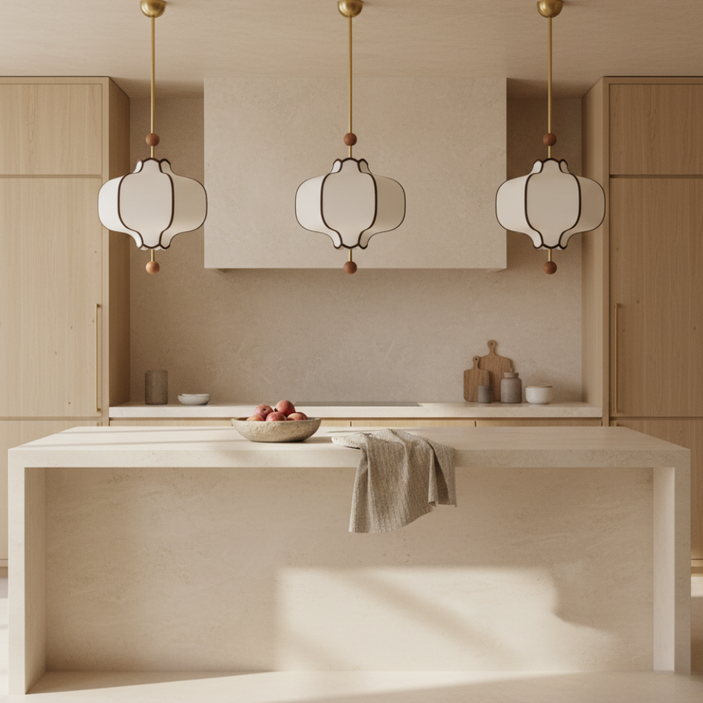 Lanora | Elegante Lámpara Colgante de Tela Moderna para Cocina con Acabados en Nogal