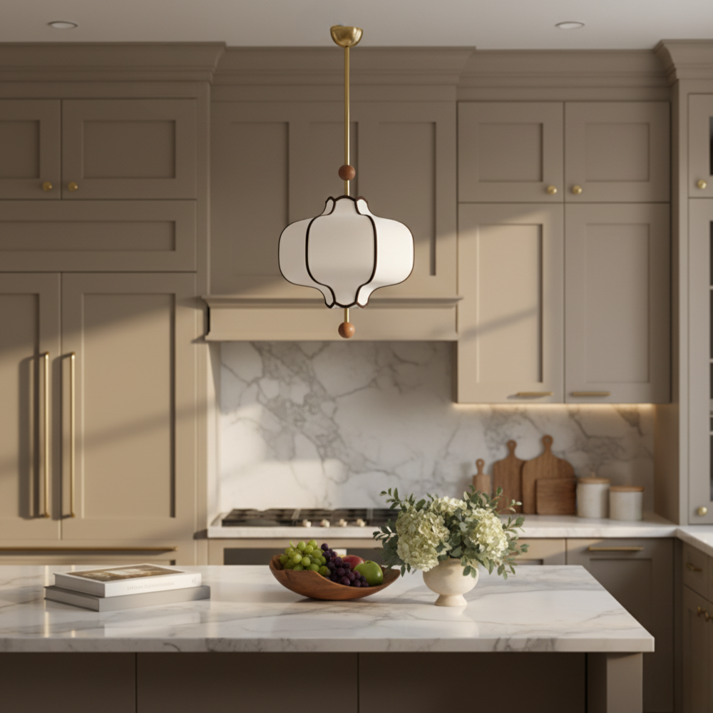 Lanora | Elegante Lámpara Colgante de Tela Moderna para Cocina con Acabados en Nogal