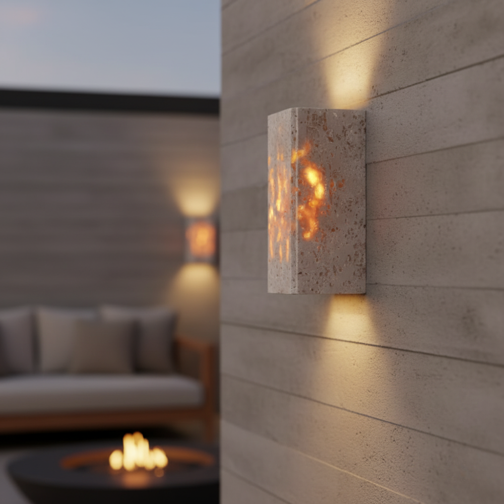 Lámpara de Pared Exterior Elegante Wabi Sabi | Lámpara de Pared de Piedra Travertina Impermeable para Jardín o Patio