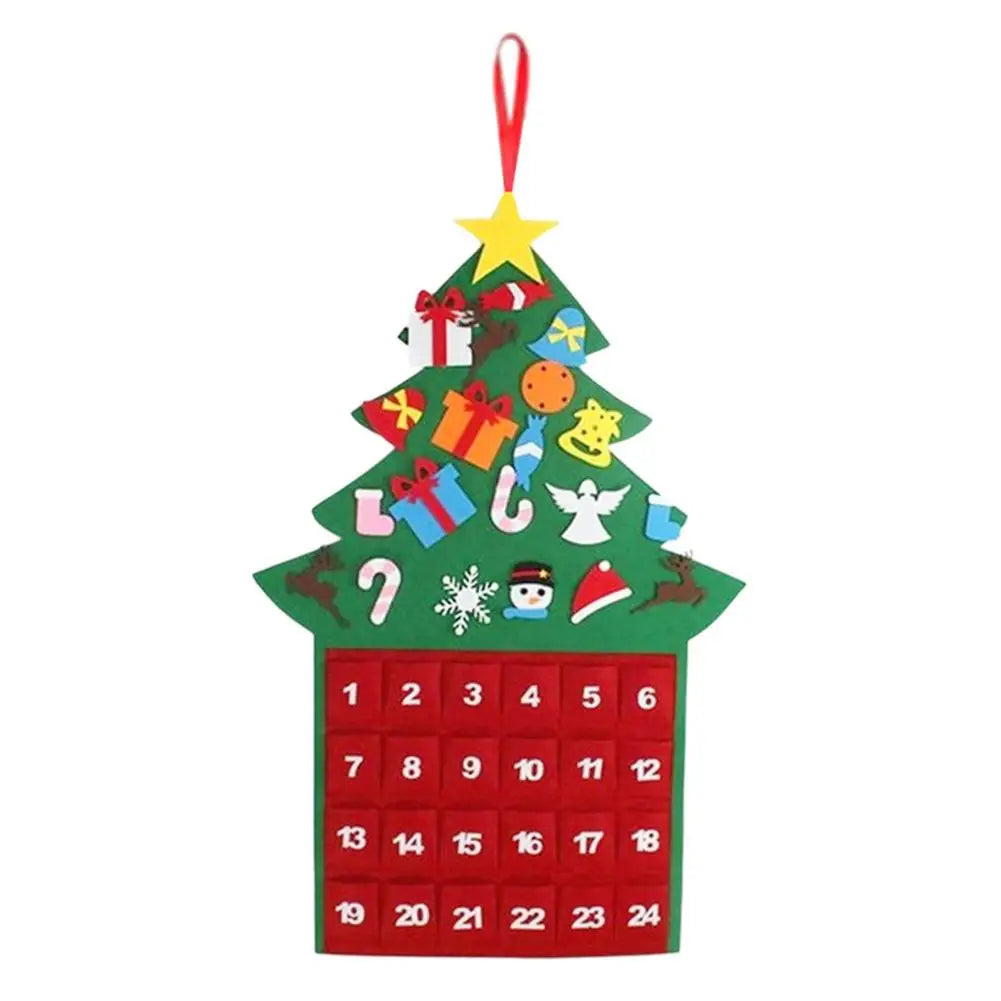 Calendario de Adviento de Árbol de Navidad de Fieltro con 24 Bolsillos y Patrones de Dibujos Animados – Decoración Festiva para Contar los Días hasta Navidad