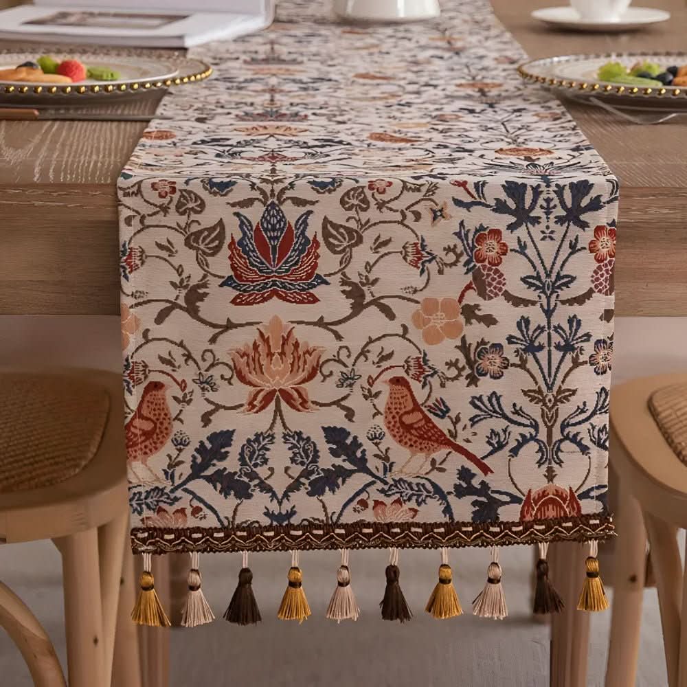 CLASSICLINENS – Elegante camino de mesa con motivos de flores y aves