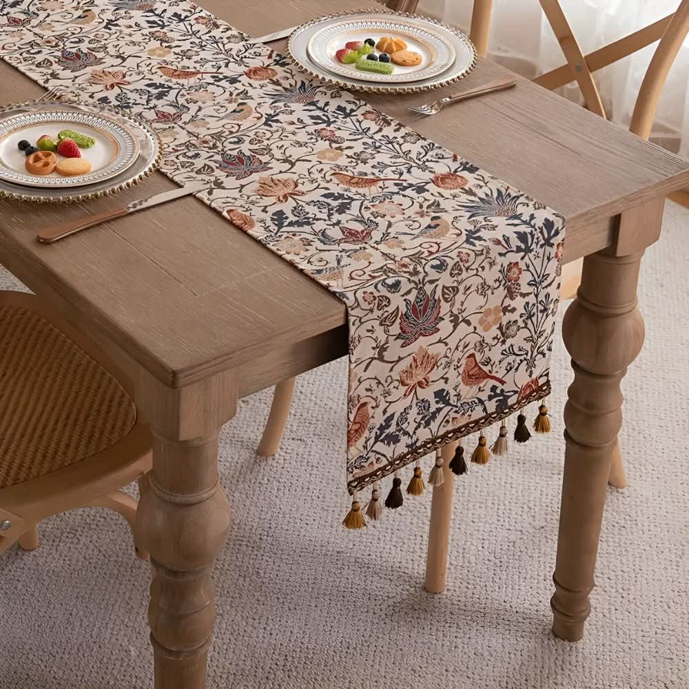 CLASSICLINENS – Elegante camino de mesa con motivos de flores y aves