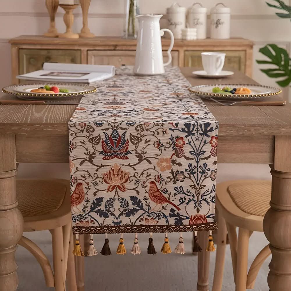 CLASSICLINENS – Elegante camino de mesa con motivos de flores y aves