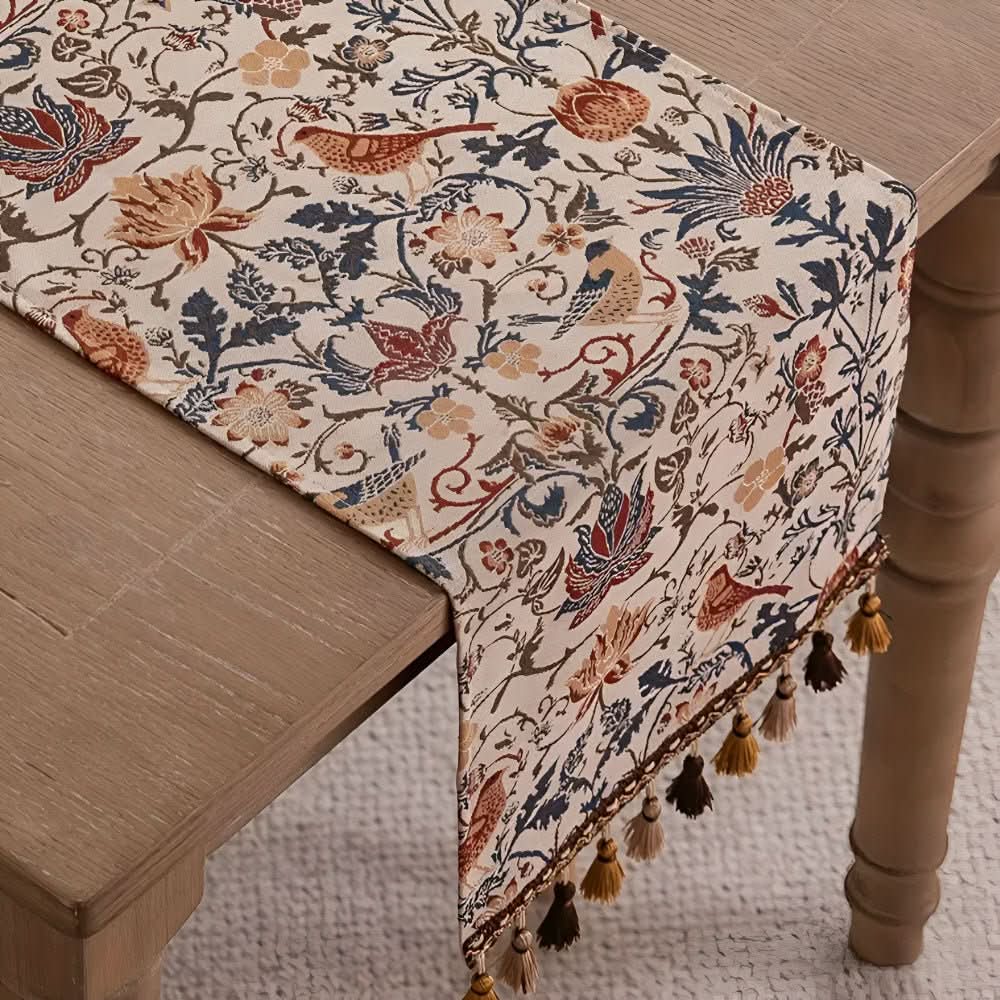 CLASSICLINENS – Elegante camino de mesa con motivos de flores y aves