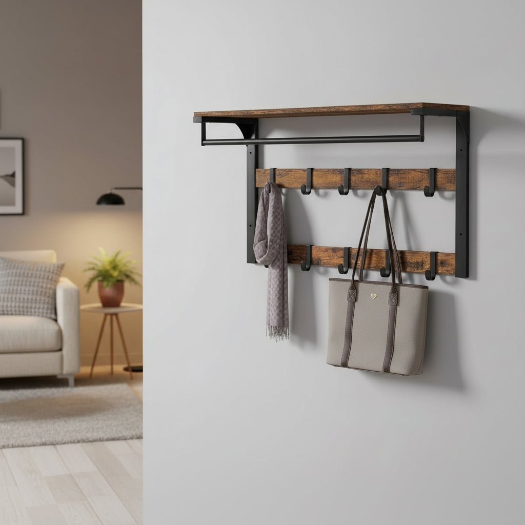 HOOKWELL – Perchero de pared 3 en 1 con estante, ganchos y barra para ropa