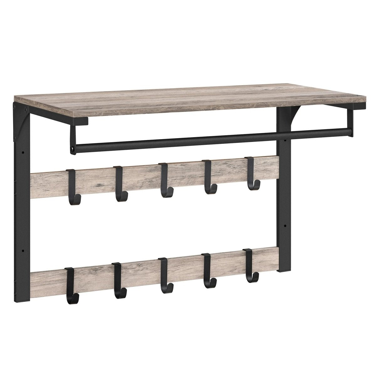 HOOKWELL – Perchero de pared 3 en 1 con estante, ganchos y barra para ropa