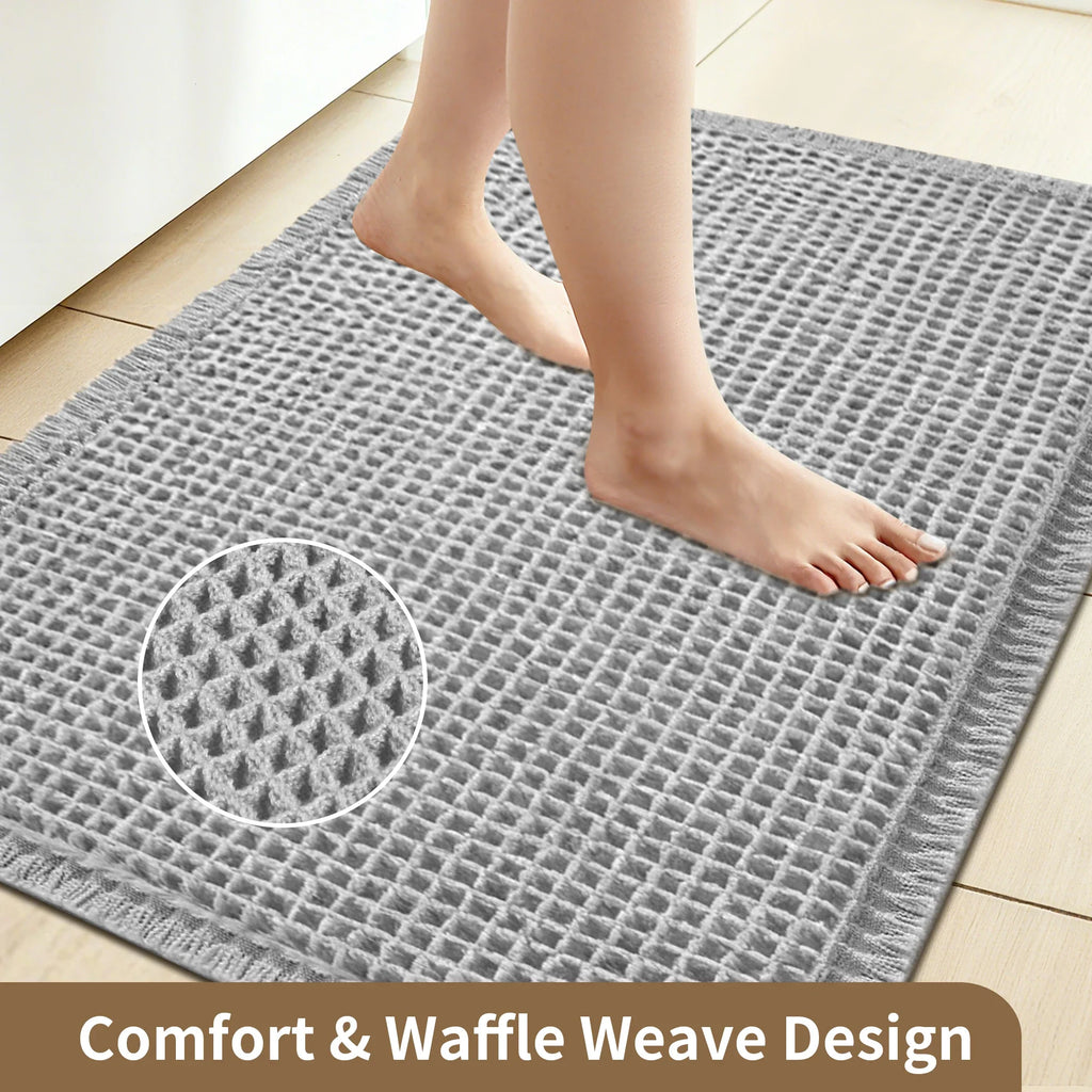 Alfombrilla de Baño Super Absorbente Waffle | Alfombra de Microfibra Antideslizante con Borlas