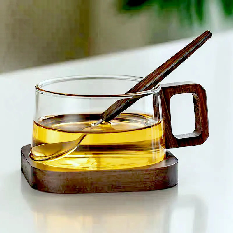 WoodAura – tazas de vidrio borosilicatado de alta calidad – detalles de madera elegantes – elegancia y durabilidad en tu cocina
