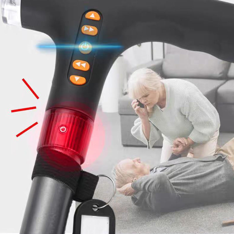 Bastón inteligente con luz LED, radio y alarma de emergencia | ajustable en altura | Negro