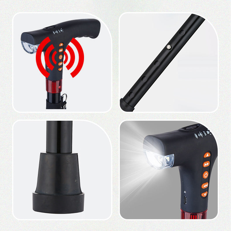 Bastón inteligente con luz LED, radio y alarma de emergencia | ajustable en altura | Negro