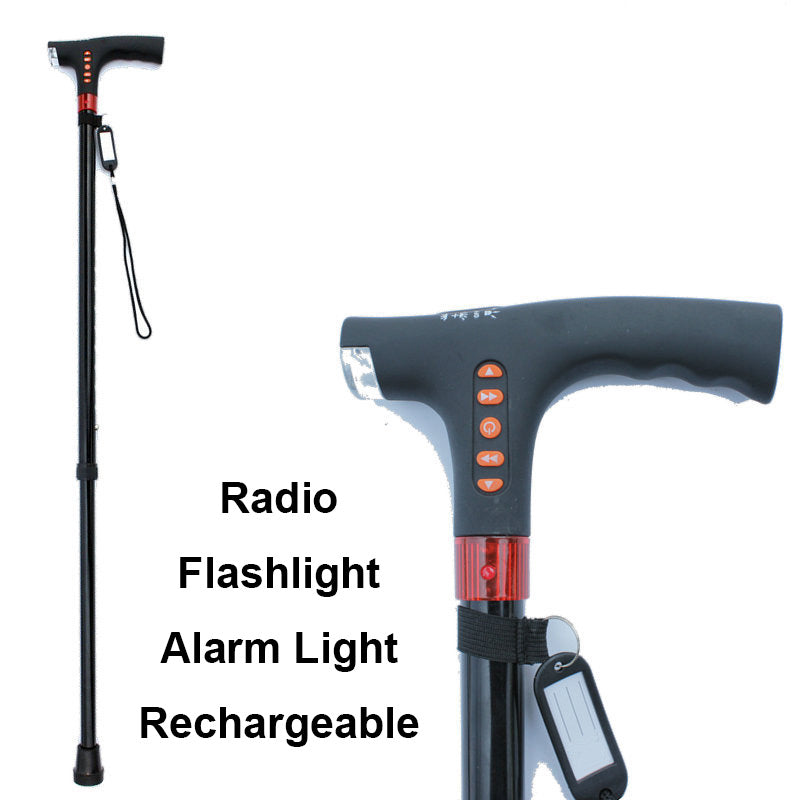 Bastón inteligente con luz LED, radio y alarma de emergencia | ajustable en altura | Negro