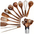 Juego de utensilios de cocina de madera de teca premium (11 piezas) – mango de madera para experiencias culinarias elegantes – estiloso y duradero