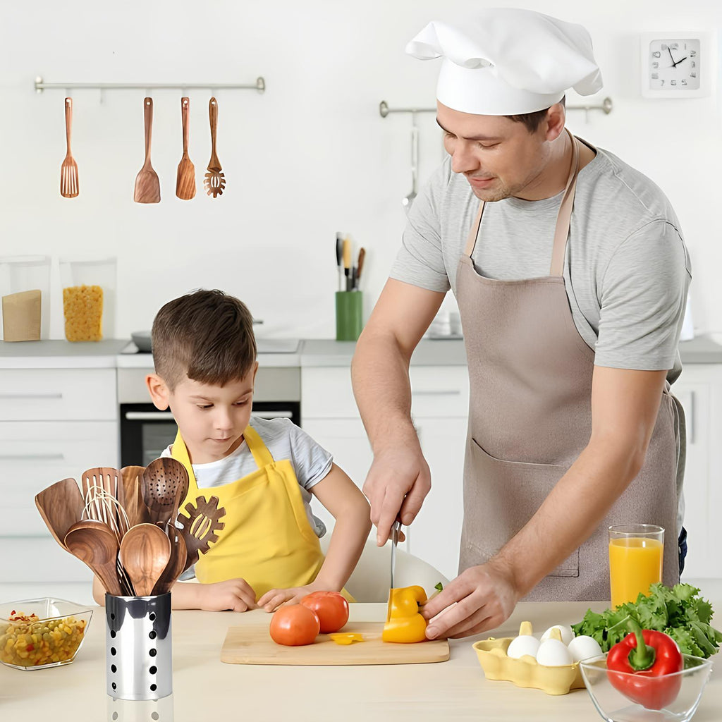 Juego de utensilios de cocina de madera de teca premium (11 piezas) – mango de madera para experiencias culinarias elegantes – estiloso y duradero