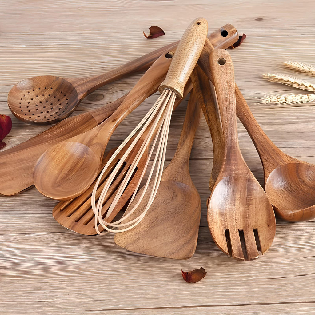 Juego de utensilios de cocina de madera de teca premium (11 piezas) – mango de madera para experiencias culinarias elegantes – estiloso y duradero