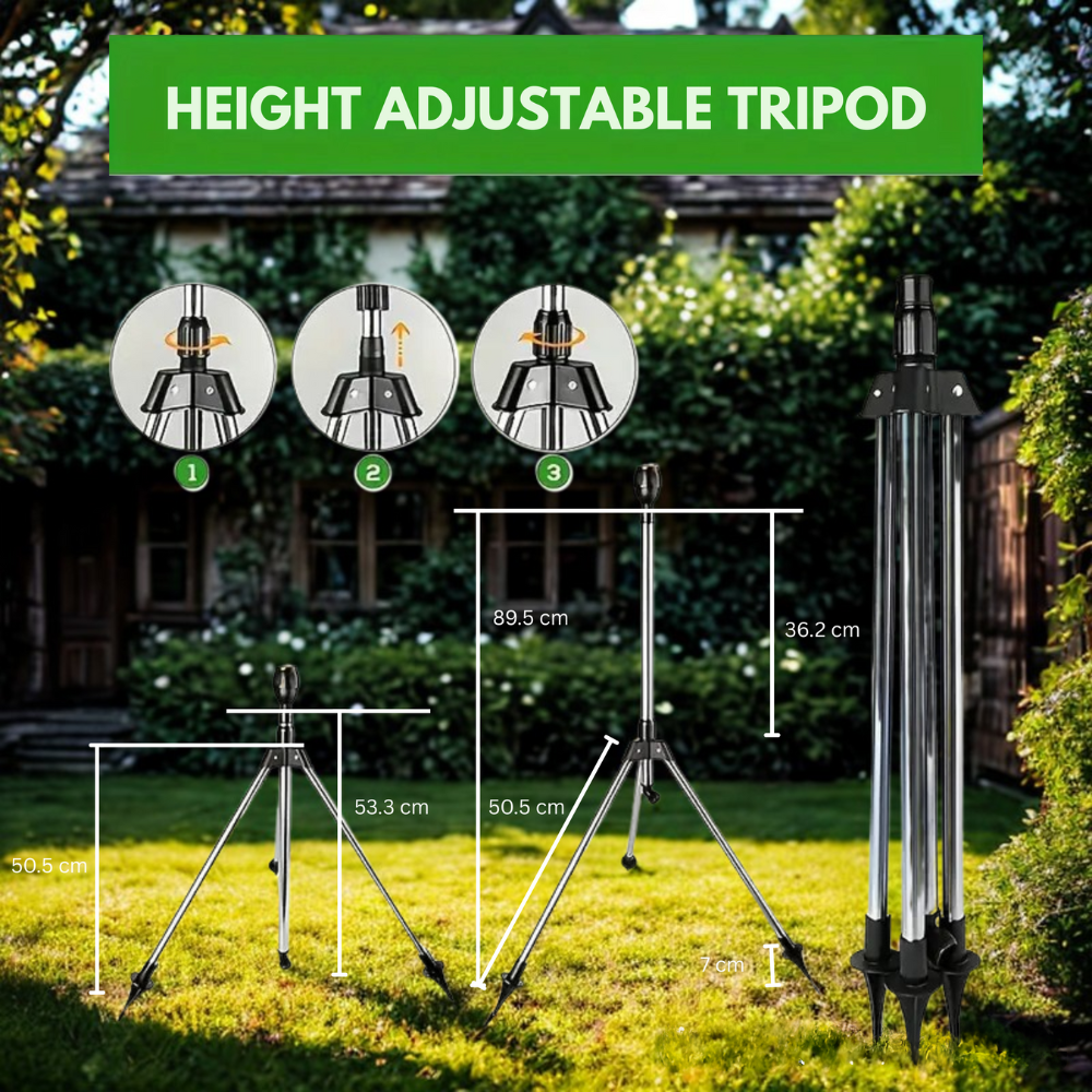 Aspersor de jardín ajustable de 360° en trípode – Sistema de riego de césped de acero inoxidable ajustable en altura
