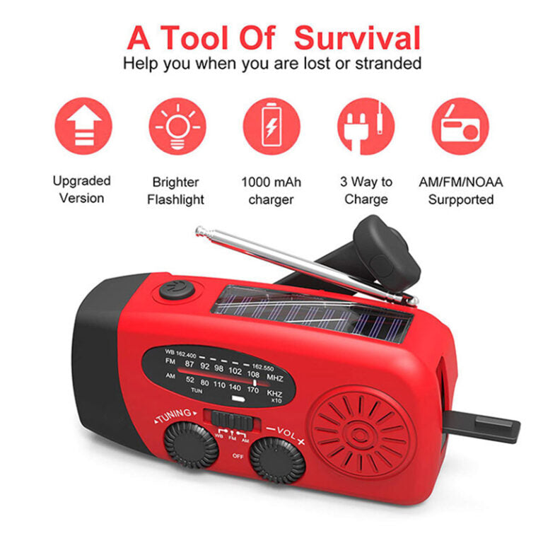 Radio de Emergencia Autopropulsada – Manivela, Solar, Linterna y Powerbank – Radio FM/AM, Indispensable para Desastres y Emergencias