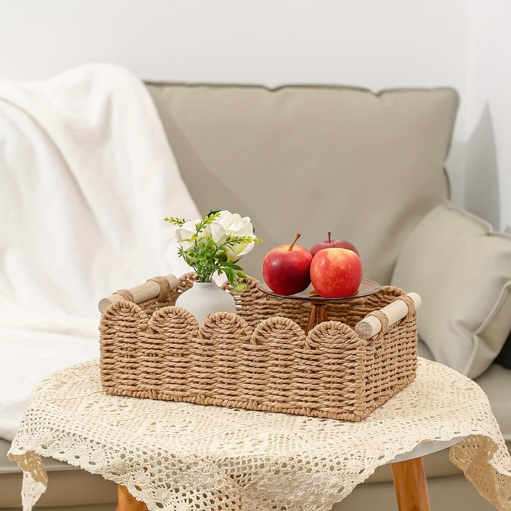 Cesta de Almacenamiento Tejida Boho con Borde de Abanico – Decorativa y Práctica para Cualquier Interior