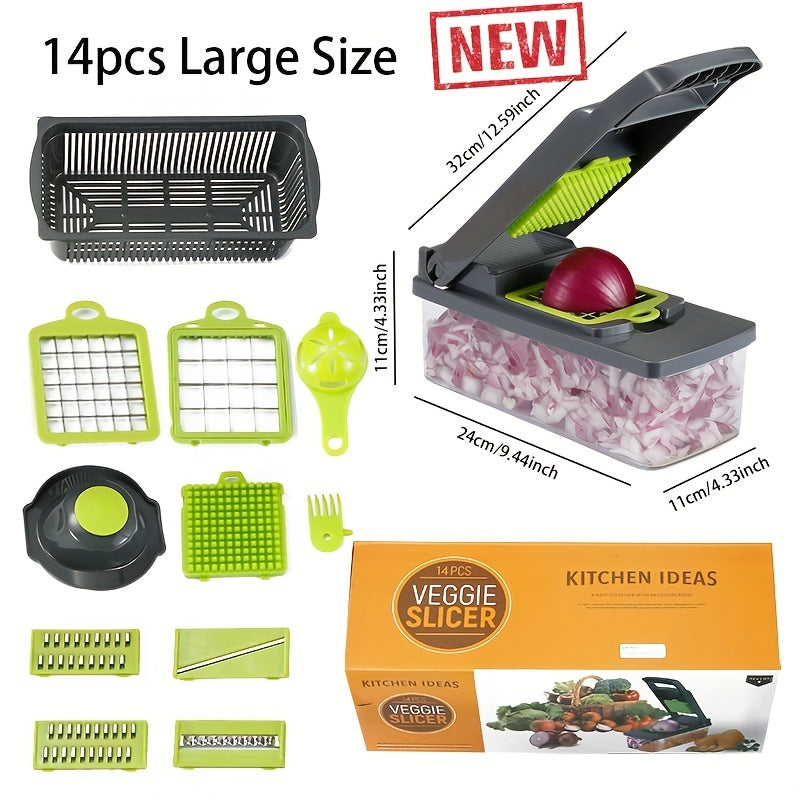 Set de Cortadores de Verduras de 14 Piezas - Raspador Manual, Pelador, Picadora y Rebanador para Preparación de Cocina