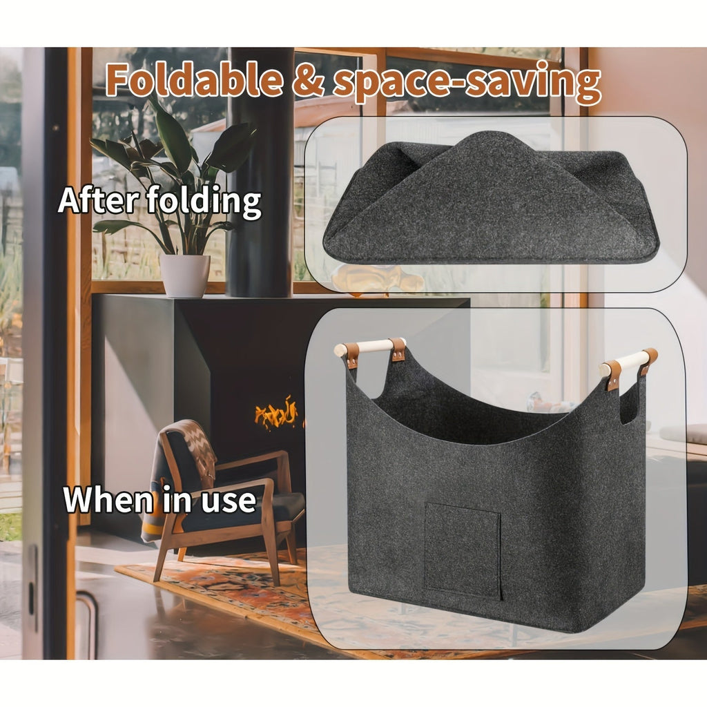 Cesta para leña FELDURA | Plegable | Volumen de 55L | Con asas de madera y detalles de cuero | Gris oscuro