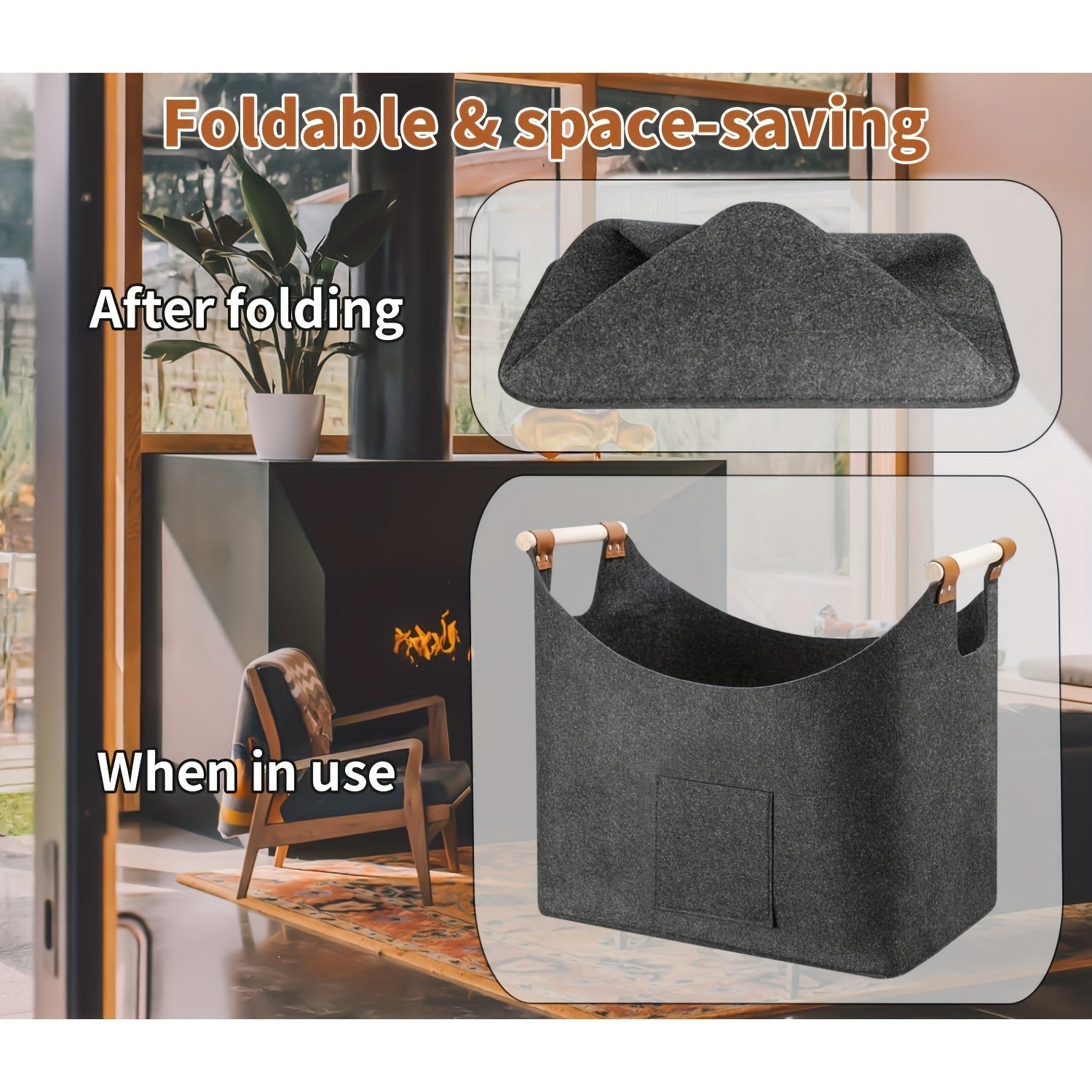 Cesta para leña FELDURA | Plegable | Volumen de 55L | Con asas de madera y detalles de cuero | Gris oscuro