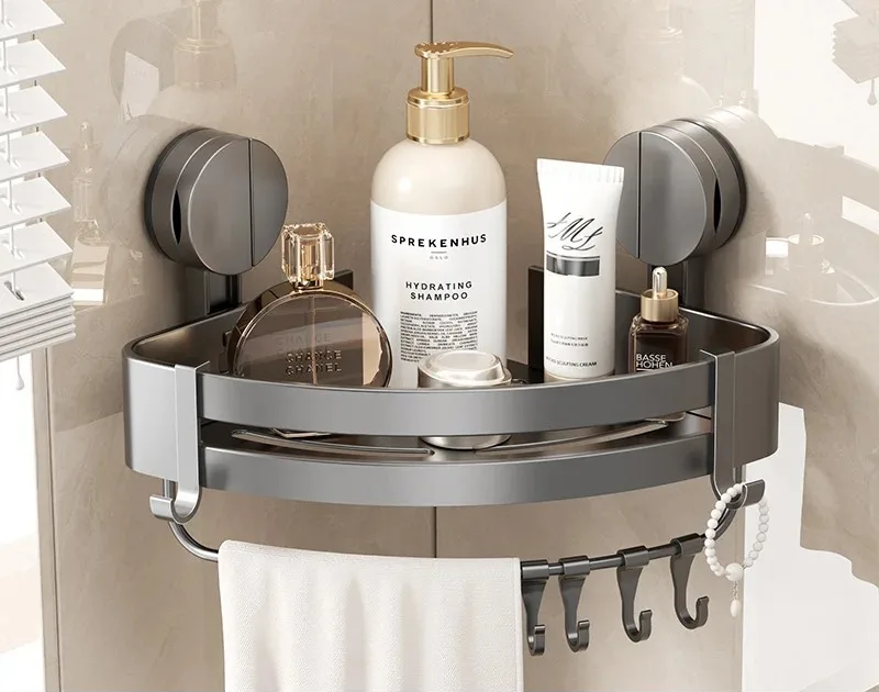 AquaGrip Estante de Ducha con Ventosas sin Perforación – Estante de Baño de Aluminio, Montaje en Esquina o Pared