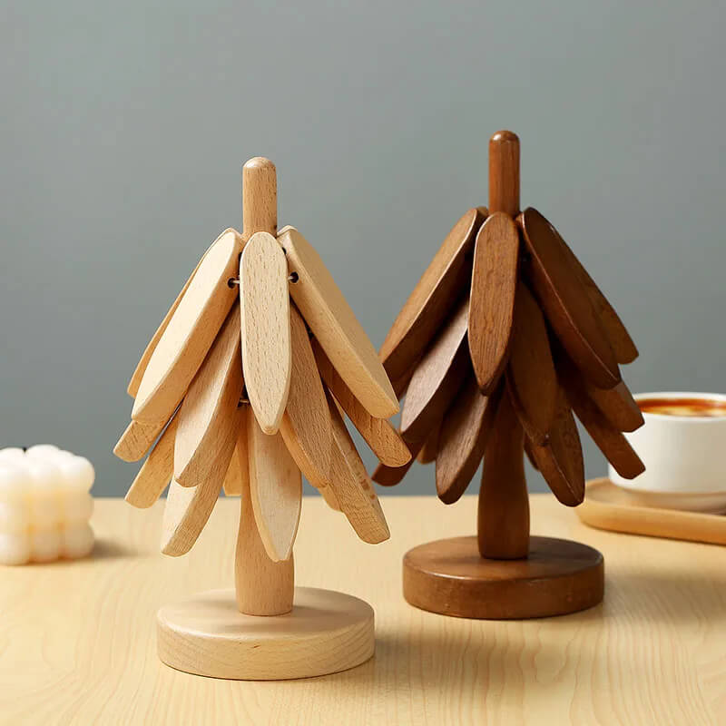 Posavasos de Madera en Nogal – Estiloso y Práctico, Arte en Madera para Tu Mesa, Set de 3 Posavasos de Madera, Creativo Soporte Plegable para Ollas