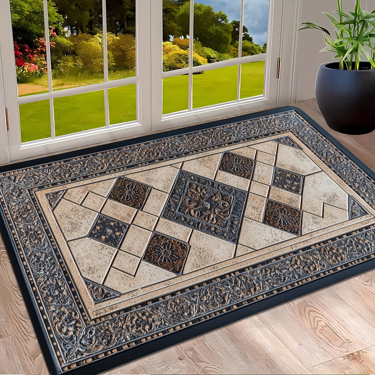 STYLEHAVEN - Alfombrilla de Entrada Lavable a Máquina con Borde Geométrico
