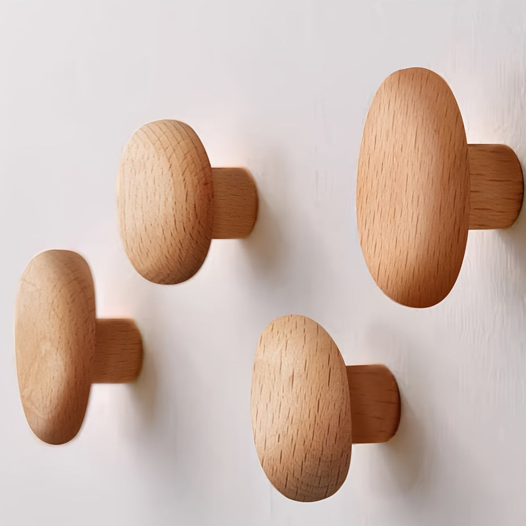 WoodCraft – Juego de 4 ganchos de pared de madera hechos a mano