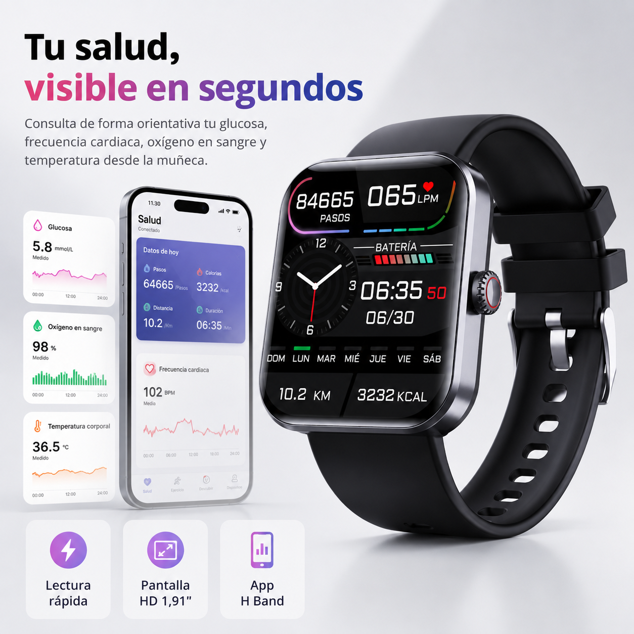 Reloj de glucosa – Reloj de salud – Medición indolora de glucosa en sangre y funciones vitales en tiempo real