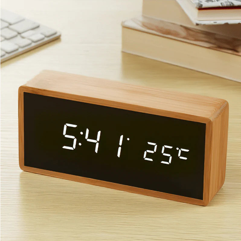 WoodGlow - Reloj despertador LED de bambú con visualización de hora y temperatura