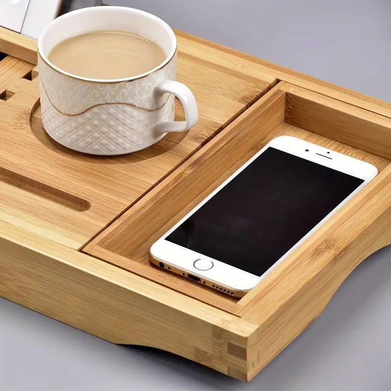 Bandeja de baño de bambú Aurevo | Bandeja de lujo para bañera extensible con soporte para copa de vino y libro