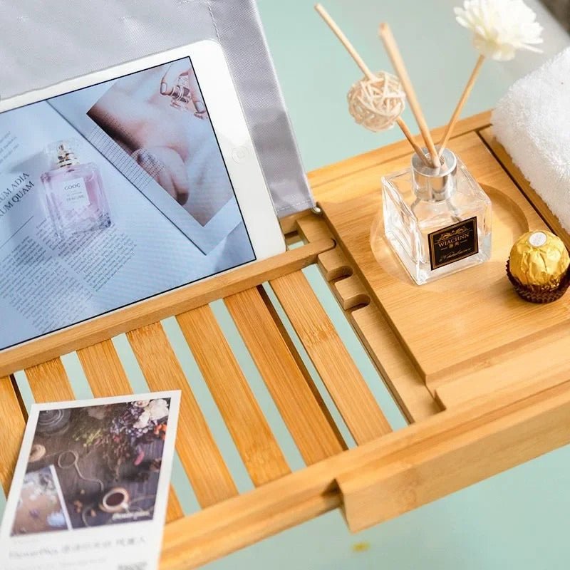 Bandeja de baño de bambú Aurevo | Bandeja de lujo para bañera extensible con soporte para copa de vino y libro