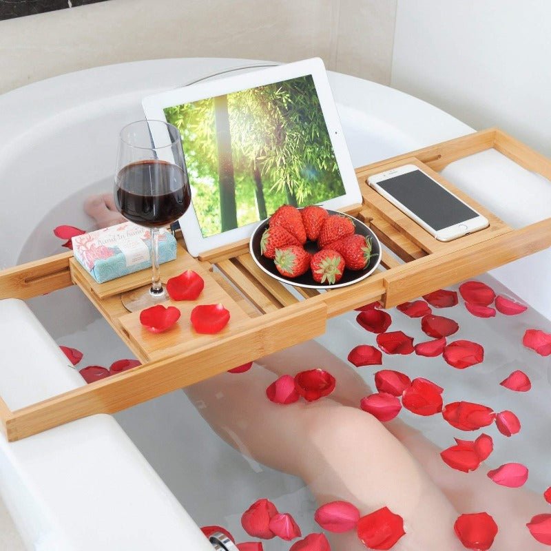 Bandeja de baño de bambú Aurevo | Bandeja de lujo para bañera extensible con soporte para copa de vino y libro