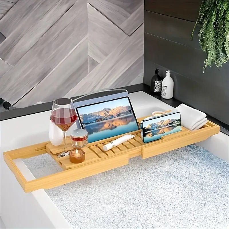 Bandeja de baño de bambú Aurevo | Bandeja de lujo para bañera extensible con soporte para copa de vino y libro