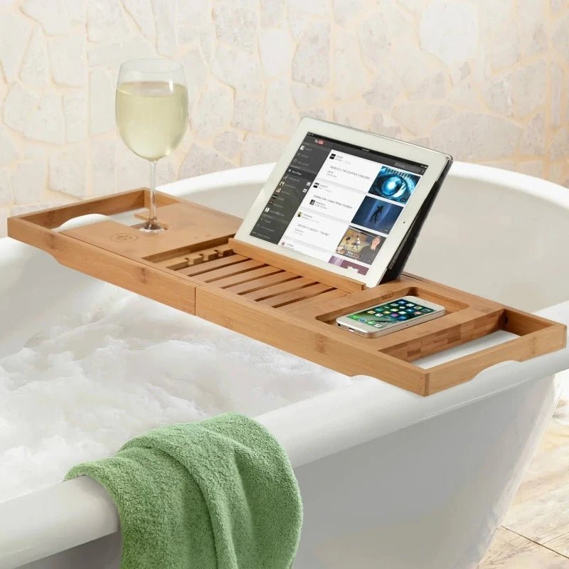 Bandeja de baño de bambú Aurevo | Bandeja de lujo para bañera extensible con soporte para copa de vino y libro